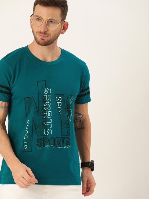 

Moda Rapido Men Teal Blue Printed Round Neck Pure Cotton T-shirt