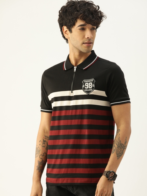 

Moda Rapido Men Black & Maroon Striped Polo Collar T-shirt