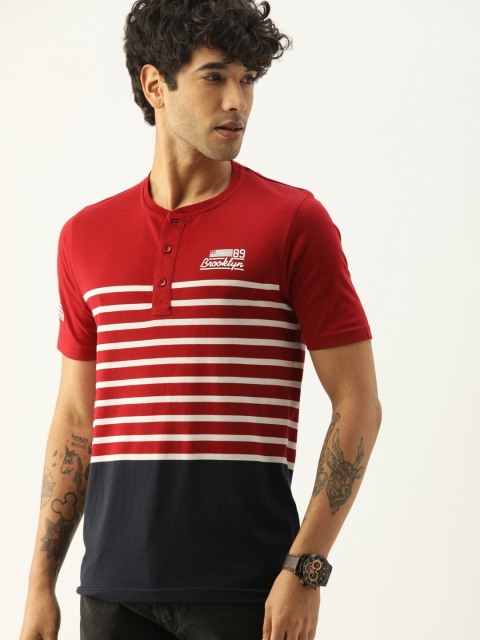 

Moda Rapido Men Red & White Striped Henley Neck T-shirt