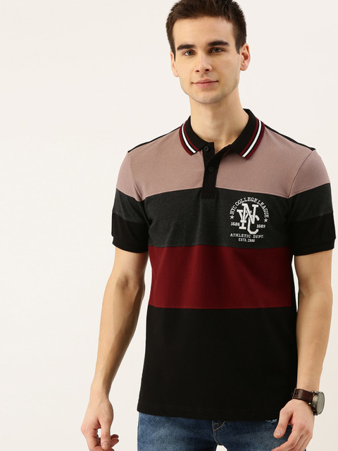 

Moda Rapido Men Black & Maroon Colourblocked Polo Collar T-shirt