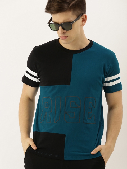 

Moda Rapido Men Teal Blue Black Colourblocked Round Neck Pure Cotton T-shirt with Printed Detail