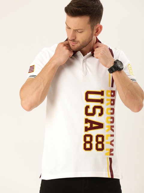 

Moda Rapido Men White & Maroon Printed Polo Collar T-shirt with Applique Detailing