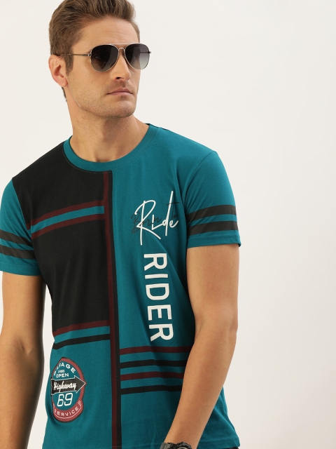 

Moda Rapido Men Teal Blue & Black Printed Round Neck T-shirt