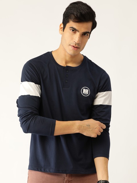 

Moda Rapido Men Navy Blue White Printed Back Henley Neck Pure Cotton T-shirt