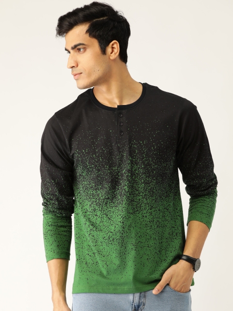 

Moda Rapido Men Black Green Ditsy Print Henley Neck Pure Cotton T-shirt