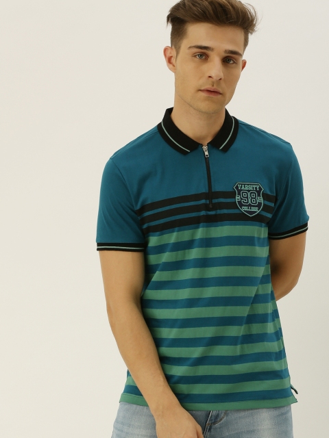 

Moda Rapido Men Teal Blue & Green Striped Polo Collar T-shirt