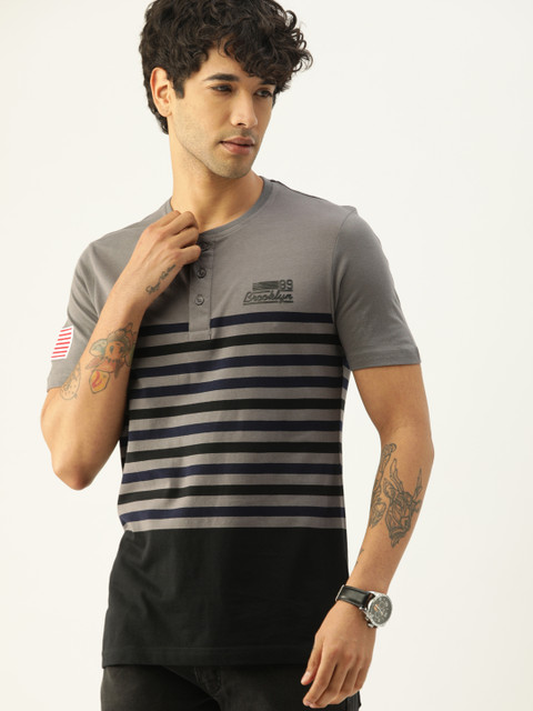 

Moda Rapido Men Grey & Black Striped Henley Neck T-shirt with Applique