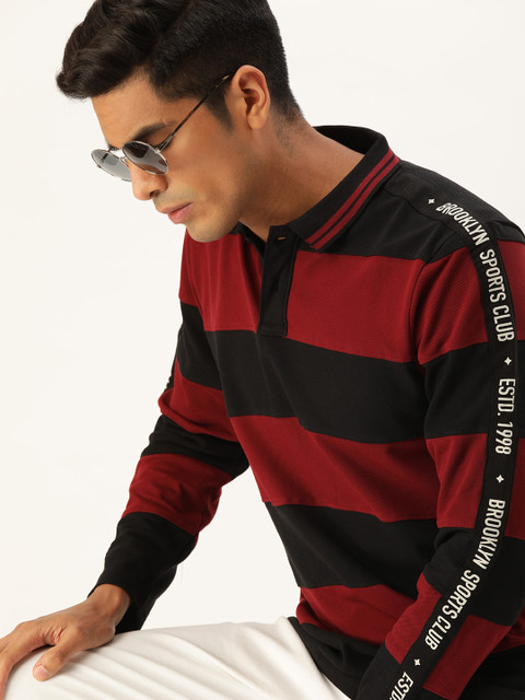 

Moda Rapido Men Maroon & Black Striped Polo Collar T-shirt
