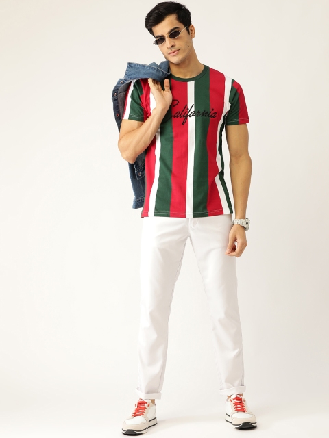 

Moda Rapido Men Red Green Striped Round Neck Pure Cotton T-shirt