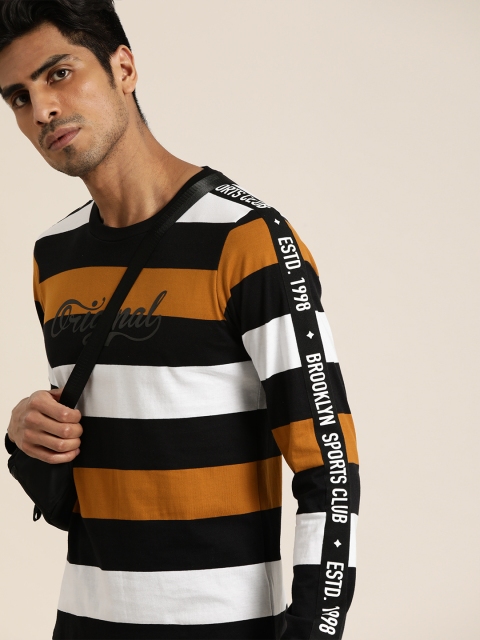 

Moda Rapido Men White & Mustard Yellow Striped Round Neck T-shirt with Side Taping