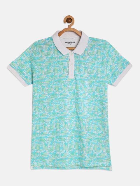 

Provogue Boys Green And Off-White Printed Polo Collar T-shirt