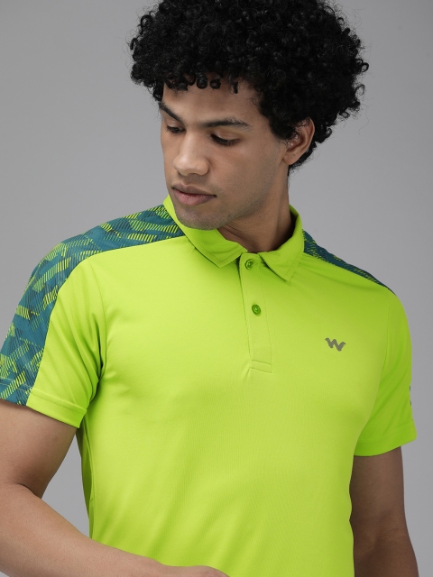 

Wildcraft Men Lime Green Solid T-shirt with Turquoise Blue Geometric Shoulder Stripe