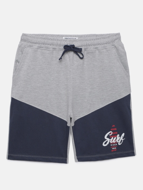 

Provogue Boys Grey Melange And Navy Blue Colourblocked Regular Fit Shorts