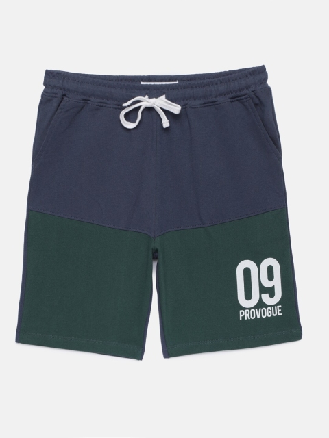 

Provogue Boys Navy Blue And Green Colourblocked Regular Fit Shorts