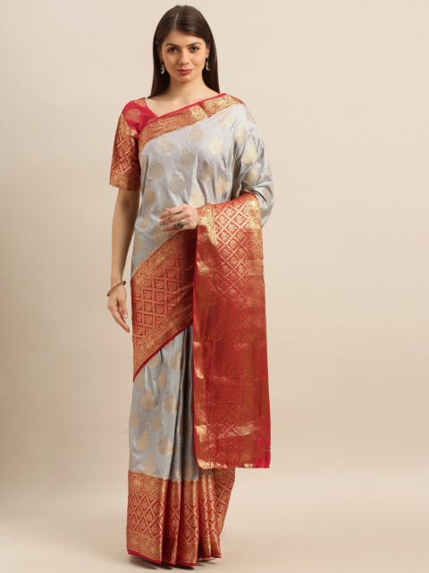 

Mitera Silver-Toned & Red Art Silk Woven Design Kanjeevaram Saree
