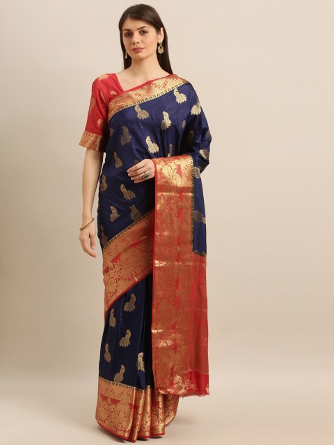 

Mitera Blue & Red Art Silk Woven Design Kanjeevaram Saree