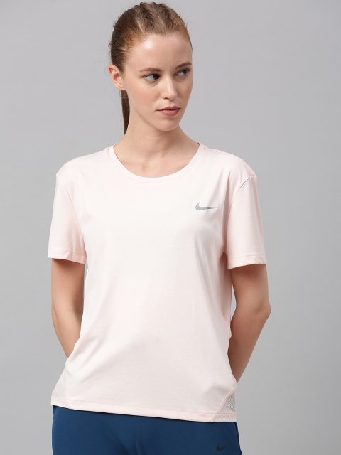 

Nike Women Pink Solid Round Neck Dri-FIT MILER SS Running T-shirt