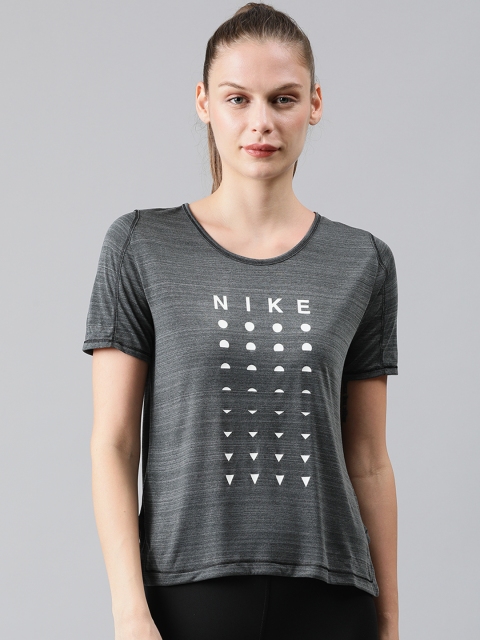 

Nike Women Charcoal Grey Printed W NK ICNCLSH Dri-Fit Round Neck Running T-shirt