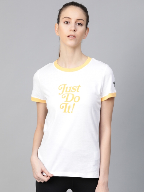 

Nike Women White Yellow Printed NSW Ringer RETRO FEM Sports Pure Cotton T-shirt