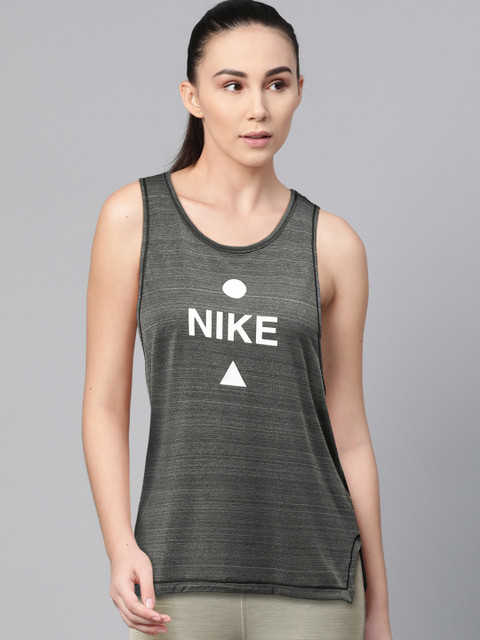 

Nike Women Charcoal Grey & White Icnclsh Tank Better Standard Fit Printed Running Top