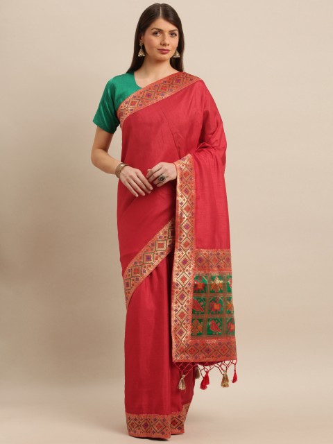 

Mitera Red Silk Cotton Solid Banarasi Saree