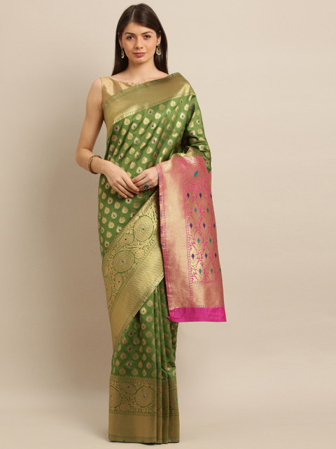 

Mitera Green & Gold-Toned Silk Blend Woven Design Kanjeevaram Saree