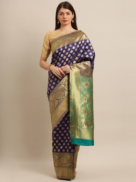 

Mitera Purple & Gold-Toned Silk Blend Woven Design Kanjeevaram Saree