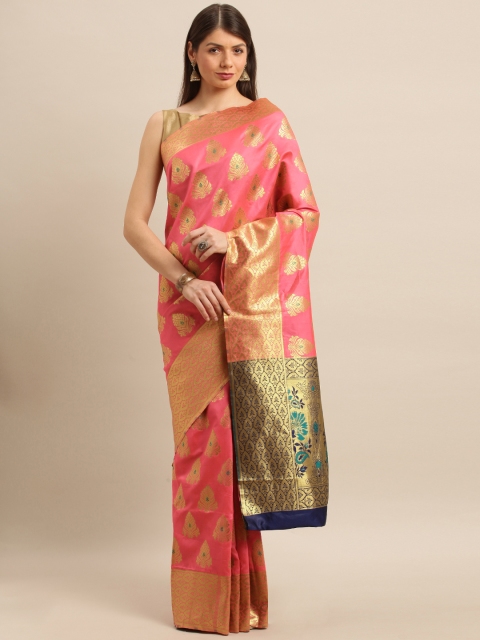 

Mitera Pink & Gold-Toned Silk Blend Woven Design Kanjeevaram Saree