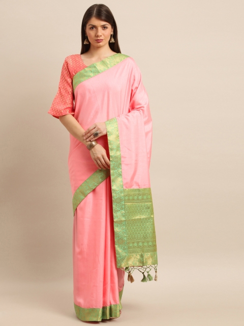

Mitera Pink & Green Silk Cotton Solid Banarasi Saree