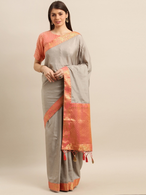 

Mitera Grey & Coral Pink Silk Cotton Solid Banarasi Saree