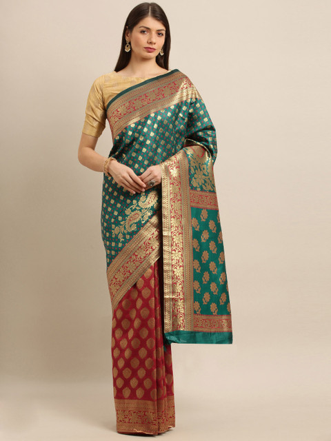 

Mitera Green & Gold-Toned Silk Blend Woven Design Kanjeevaram Saree