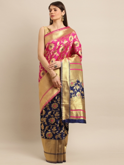 

Mitera Pink & Gold-Toned Silk Blend Woven Design Kanjeevaram Saree