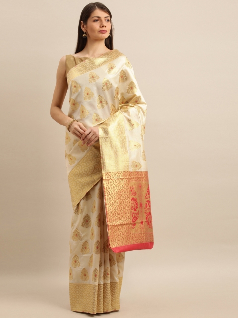 

Mitera Off-White & Gold-Toned Silk Blend Woven Design Kanjeevaram Saree