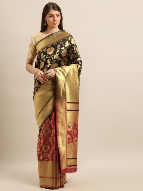 

Mitera Black & Red Silk Blend Woven Design Kanjeevaram Half and Half Saree