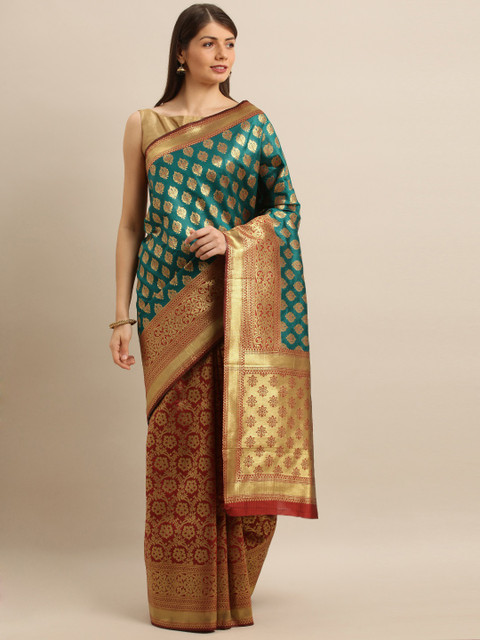 

Mitera Green & Gold-Toned Silk Blend Woven Design Kanjeevaram Saree