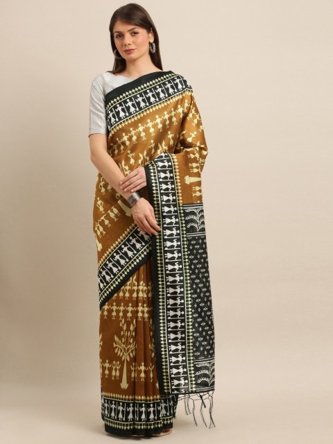 

KALINI Women Mustard & Black Art Silk Printed Mysore Silk Saree