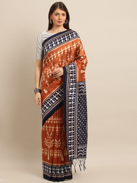 

KALINI Women Orange & Blue Art Silk Printed Mysore Silk Saree