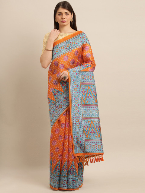 

KALINI Women Orange & Green Art Silk Printed Mysore Silk Saree