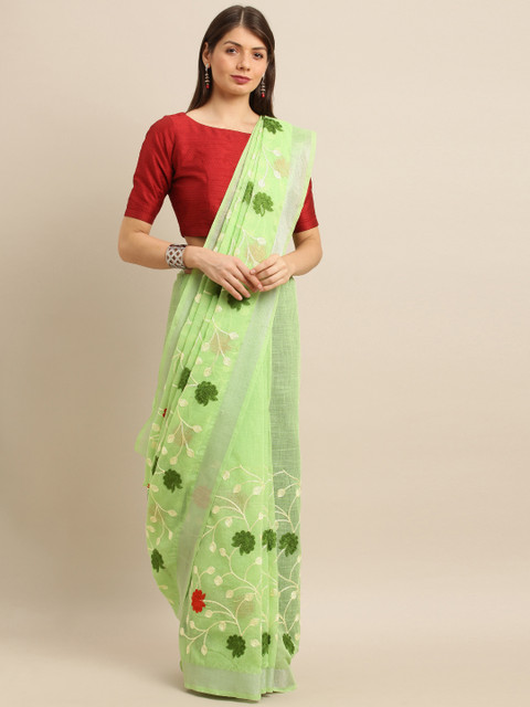 

KALINI Green Women Linen Blend Embroidered Khadi Saree