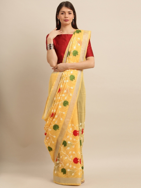 

KALINI Women Yellow Linen Blend Embroidered Khadi Saree