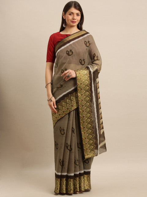 

KALINI Women Coffee Brown Linen Blend Printed Khadi Saree