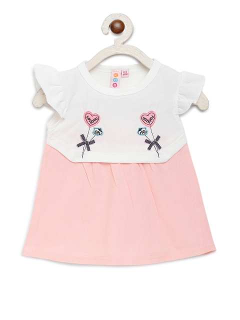 

Kids On Board Girls Peach-Coloured and White Heart Embroidered A-Line Dress