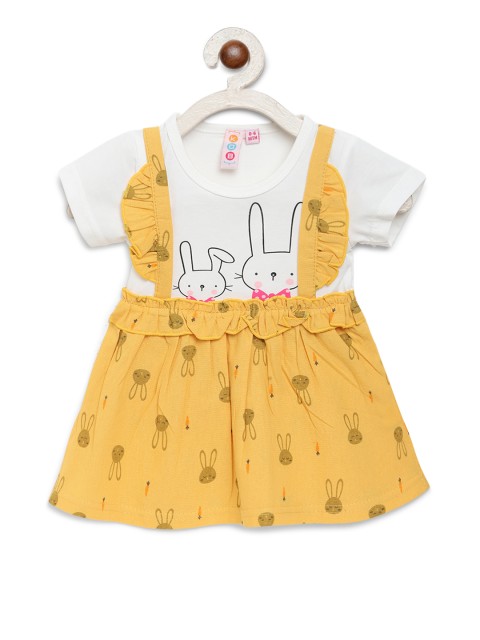 

Kids On Board Girls Yellow and White Rabbit Printed Fit and Flare Dress