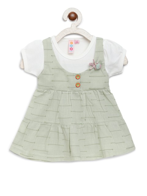 

Kids On Board Infant Girls Green and White Self Design Fit and Flare Dress