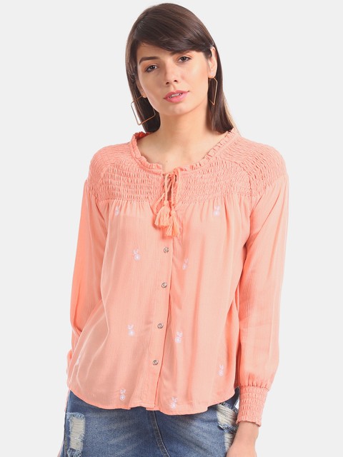 

Cherokee Women Peach-Coloured Embroidered Top