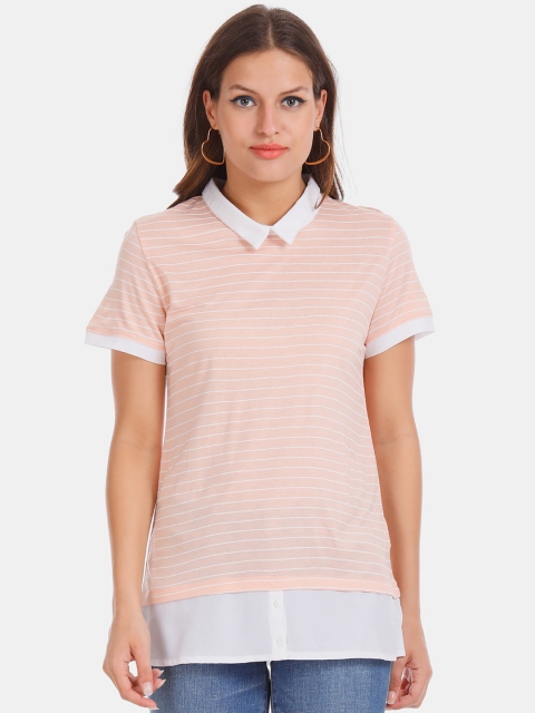

ELLE Women Pink & Off-White Striped Polo Collar T-shirt