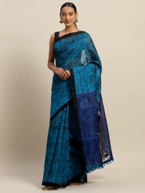 

Rajnandini Teal Blue & Black Linen Blend Printed Saree