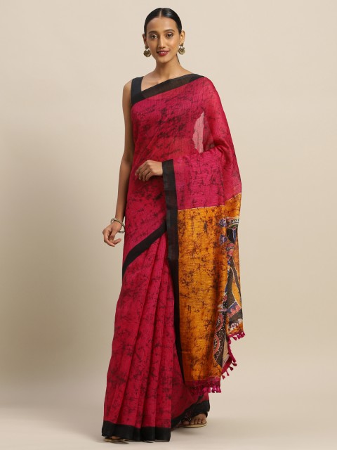

Rajnandini Magenta Pink & Mustard Yellow Linen Blend Printed Saree