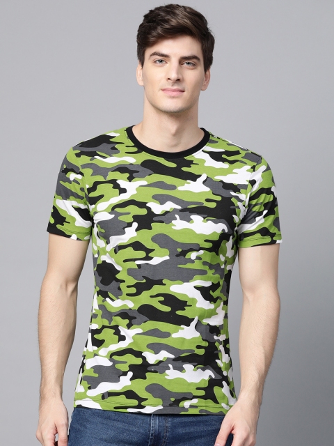 Men Green & Black Camouflage Print Round Neck T-shirt