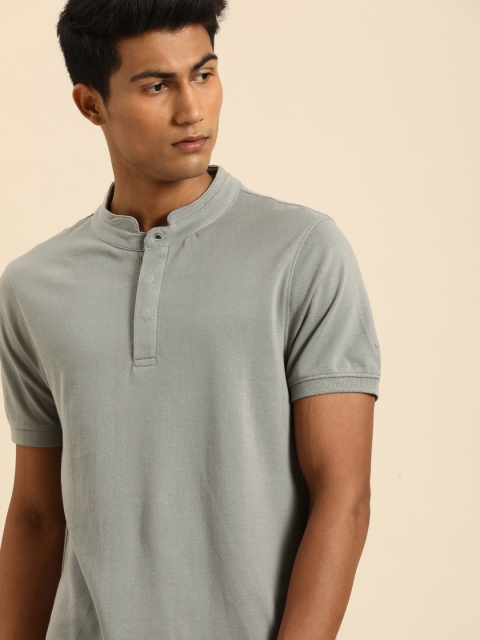 

ether Men Grey Melange Solid Mandarin Collar Pure Cotton T-shirt
